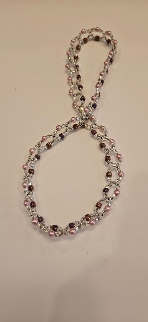 Beaded Necklace with Silver and Pink Accents