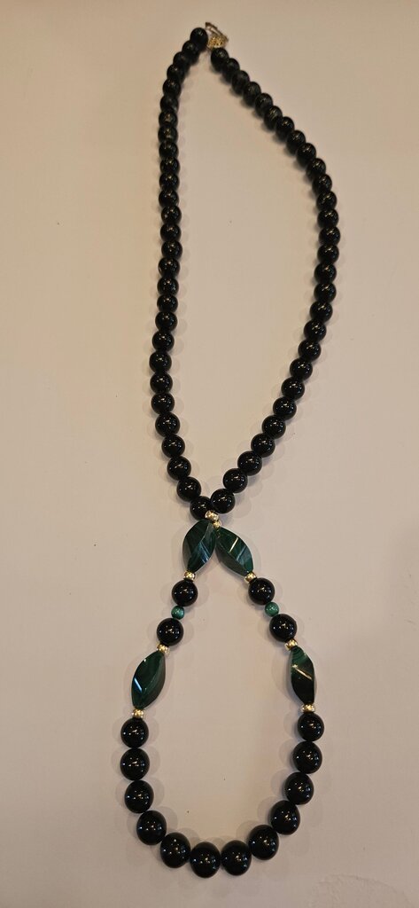 Black Beaded Necklace with Green Accents
