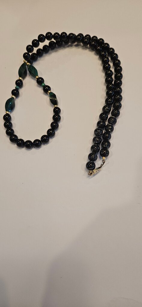 Black Beaded Necklace with Green Accents