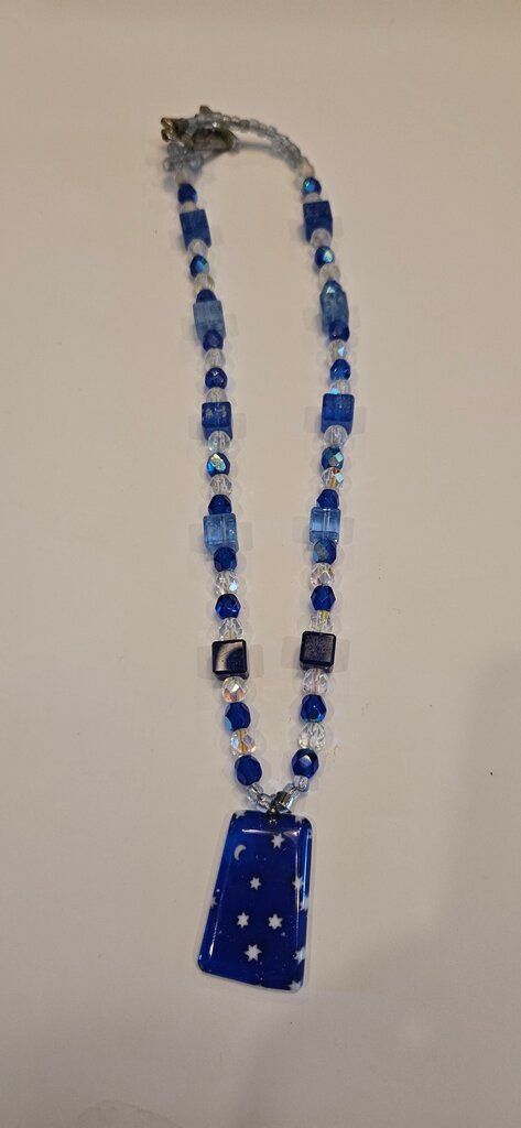 Blue Beaded Necklace with Star and Moon Pendant