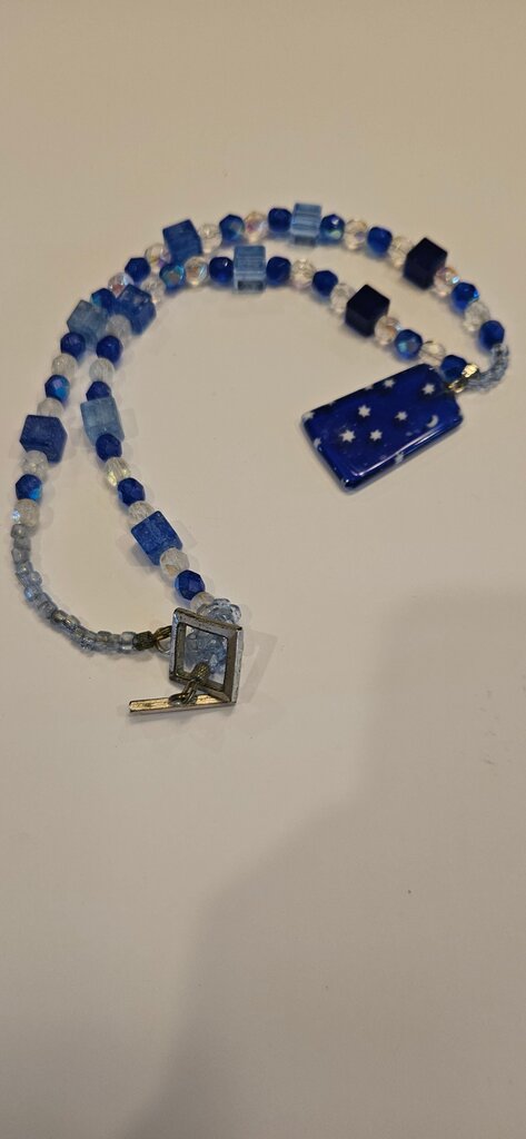 Blue Beaded Necklace with Star and Moon Pendant