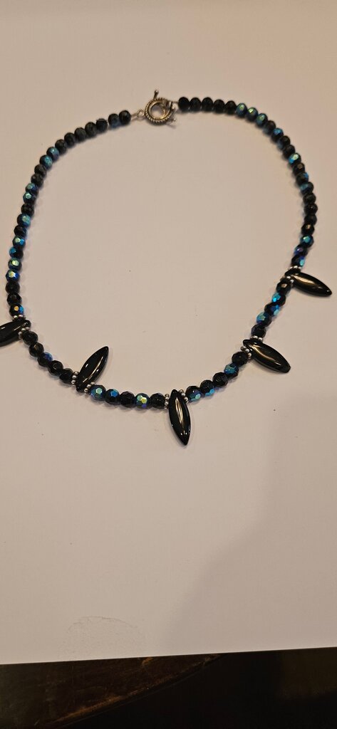 Black Beaded Necklace with Blue Accents