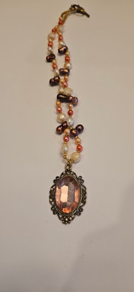 Vintage Beaded Necklace with Pink Pendant