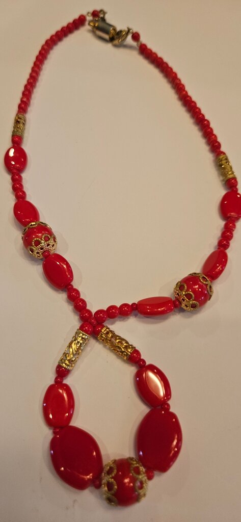 Elegant Red Beaded Necklace with Gold Accents