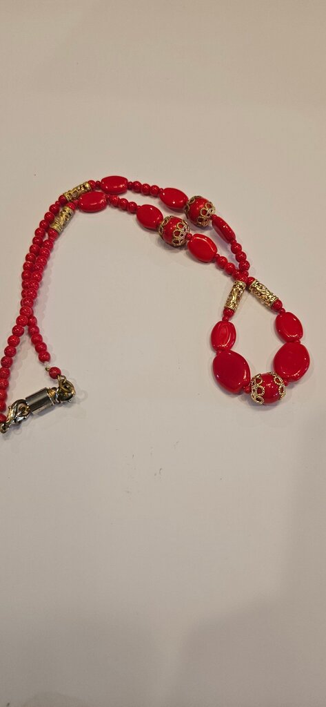 Elegant Red Beaded Necklace with Gold Accents