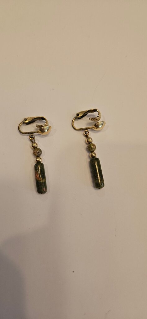 Gold and Green Beaded Dangle Earrings