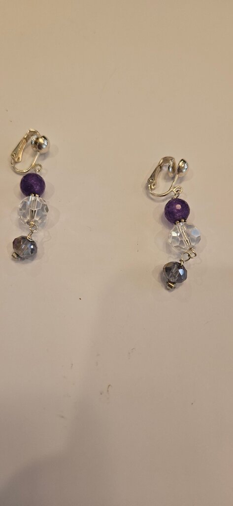 Purple and Silver Beaded Clip-On Earrings
