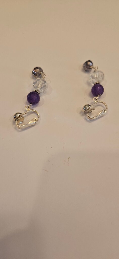 Purple and Silver Beaded Clip-On Earrings