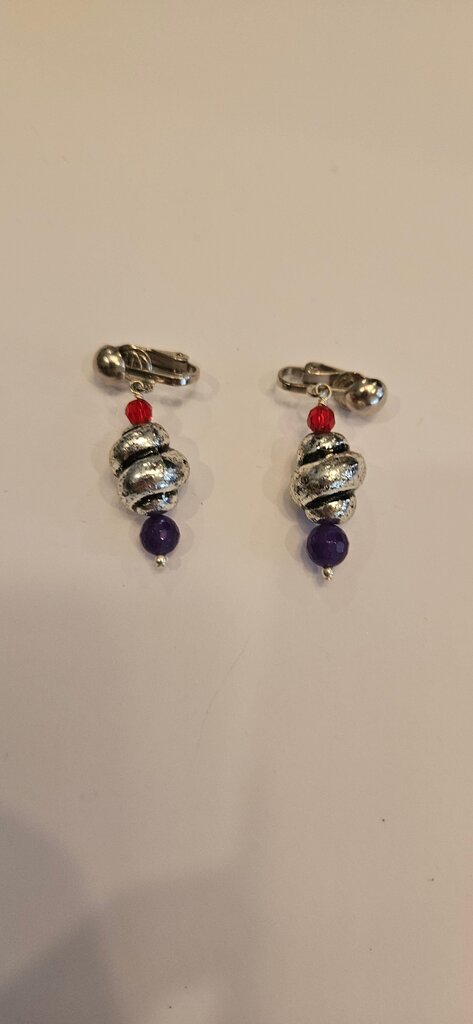 Colorful Vintage Clip-On Earrings with Red and Purple Beads