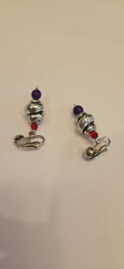 Colorful Vintage Clip-On Earrings with Red and Purple Beads