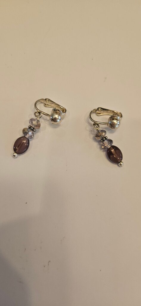 Elegant Clip-On Earrings with Purple and Silver Beads