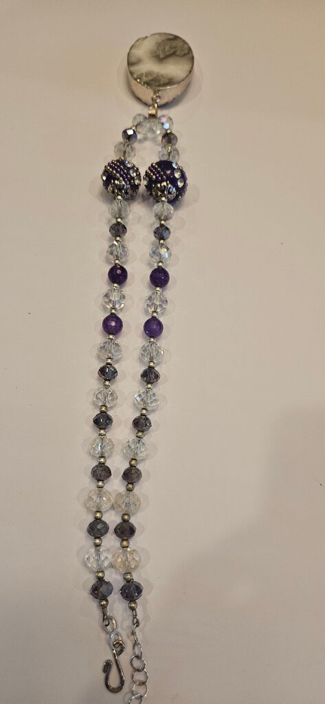 Purple and Silver Beaded Necklace with Agate Pendant
