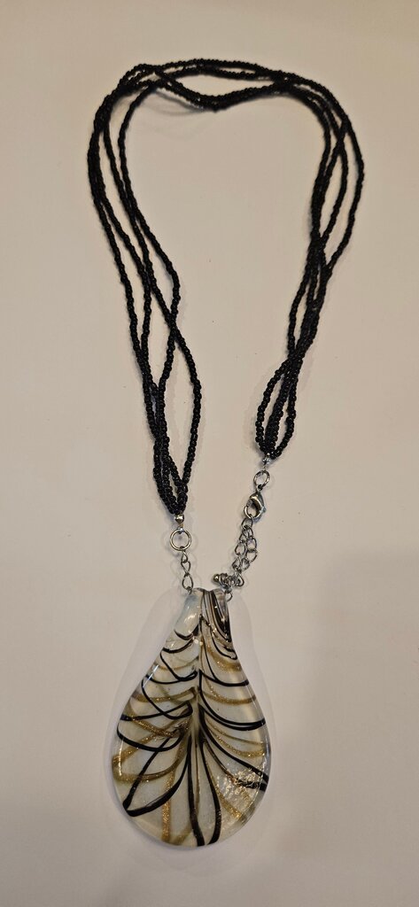 Black Beaded Necklace with Teardrop Pendant