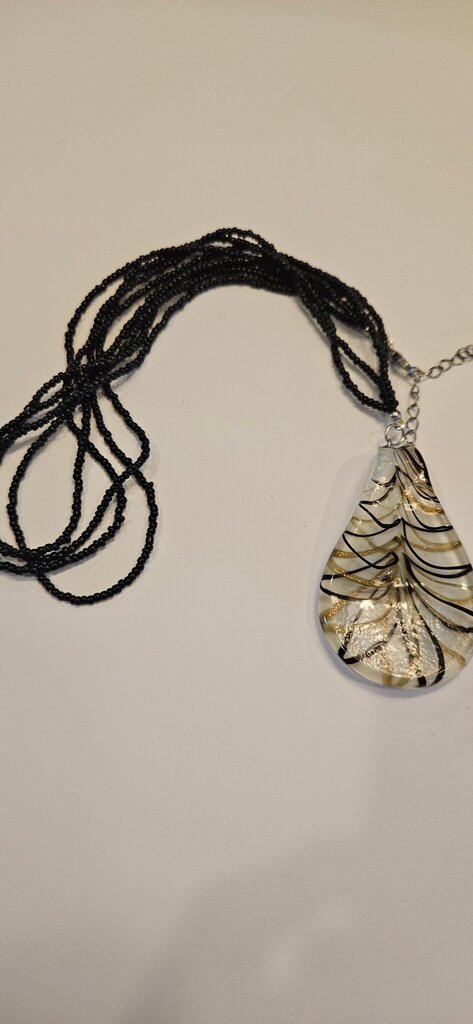 Black Beaded Necklace with Teardrop Pendant