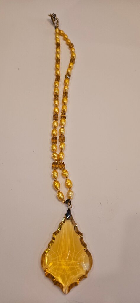 Vintage Yellow Beaded Necklace with Artisan Pendant