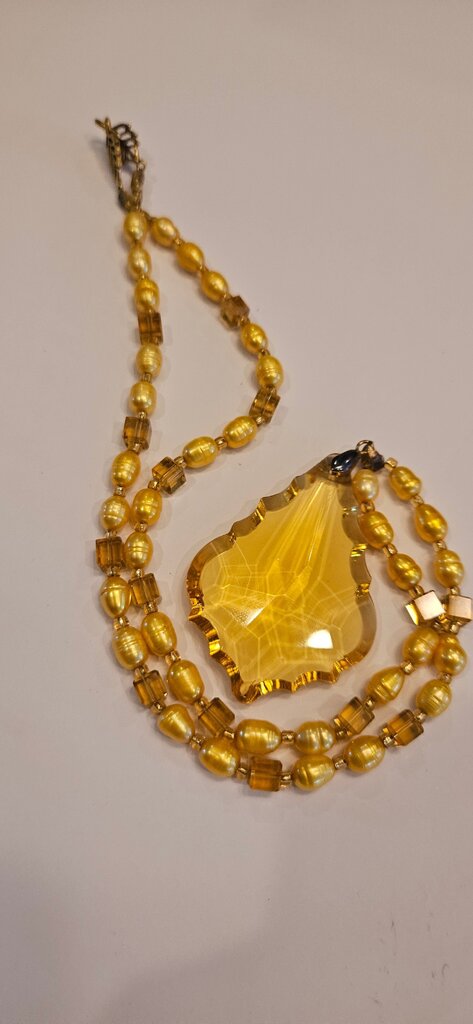 Vintage Yellow Beaded Necklace with Artisan Pendant