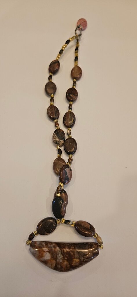 Brown Beaded Necklace with Stone Pendant
