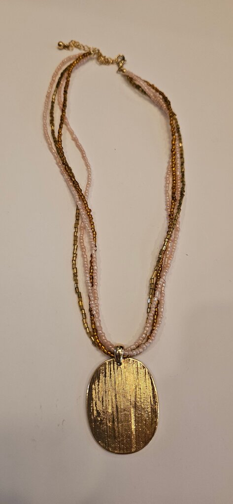 Multi-Strand Gold and Beige Pendant Necklace