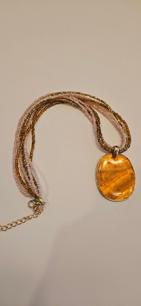 Multi-Strand Gold and Beige Pendant Necklace