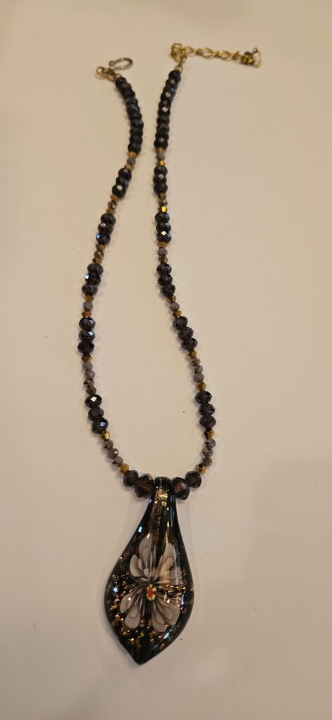 Black Beaded Necklace with Glass Pendant