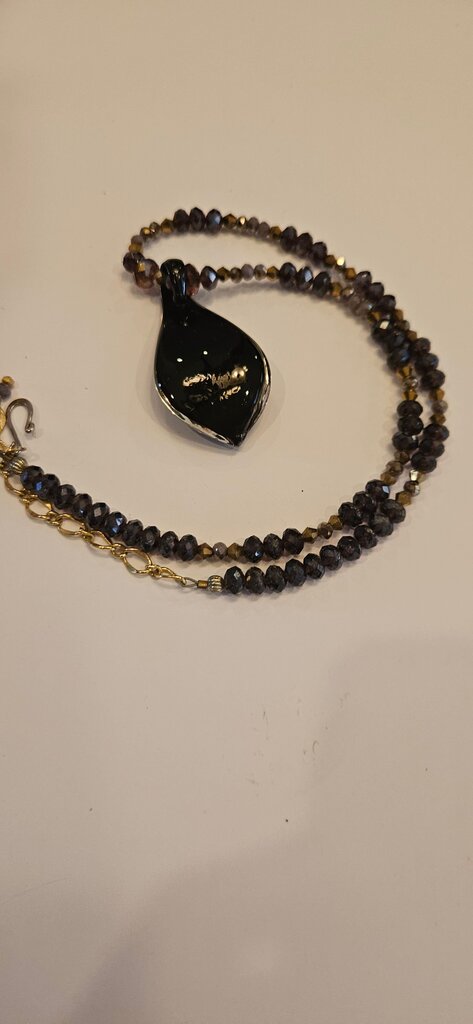 Black Beaded Necklace with Glass Pendant