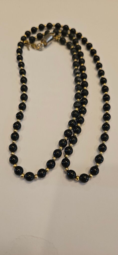 Black Beaded Necklace with Gold Accents