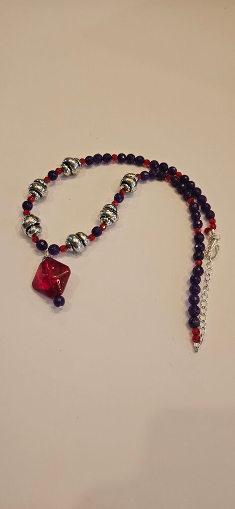 Colorful Beaded Necklace with Red Pendant