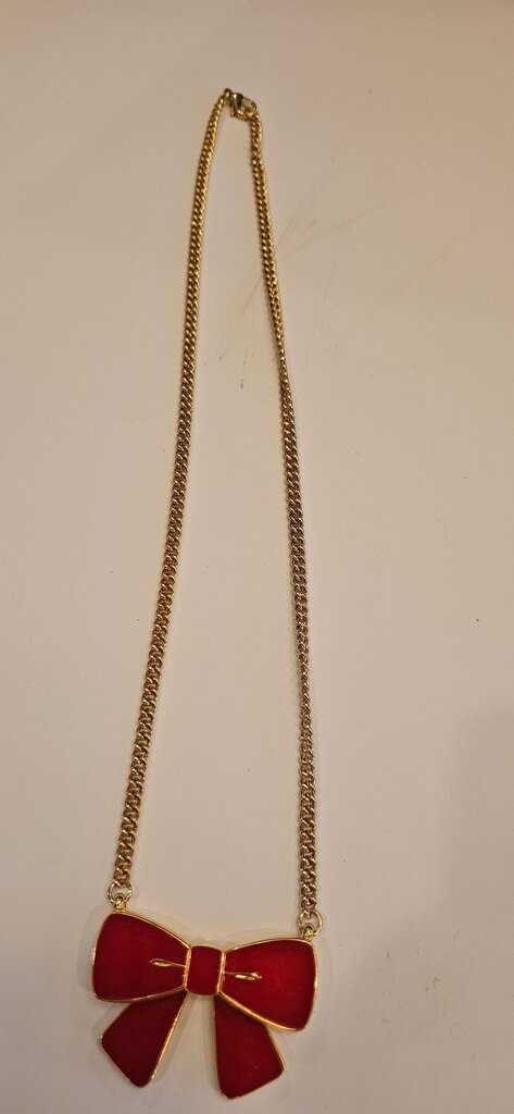 Gold Chain Necklace with Red Bow Pendant