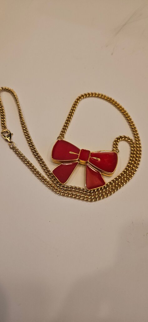 Gold Chain Necklace with Red Bow Pendant