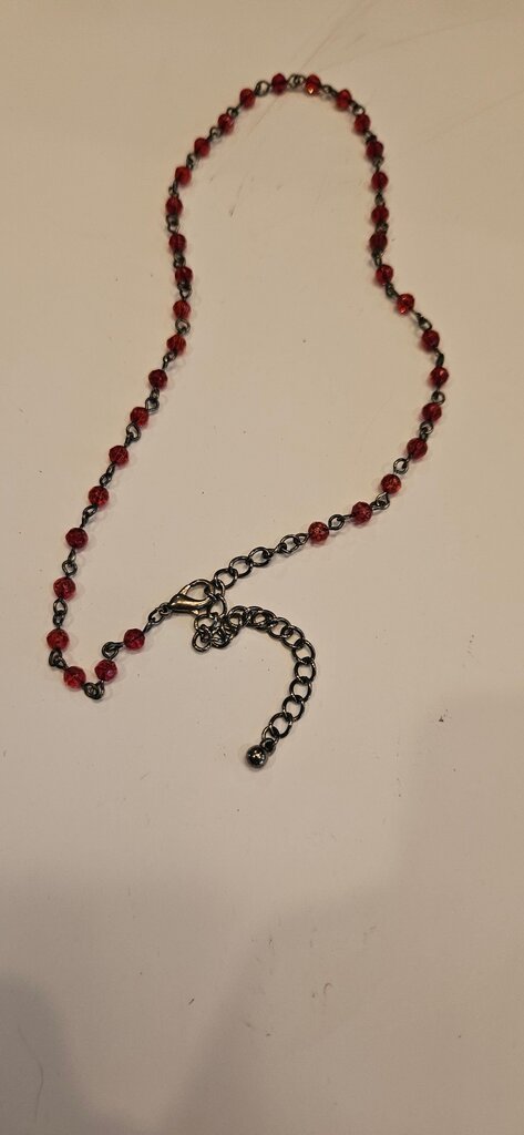 Stylish Dark Gothic Academia Rosary Style with BLACK BRASS and red Beads; Romance/Mystery Necklace
