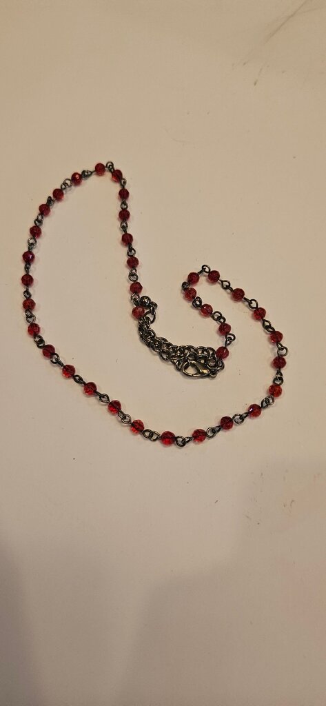 Stylish Dark Gothic Academia Rosary Style with BLACK BRASS and red Beads; Romance/Mystery Necklace