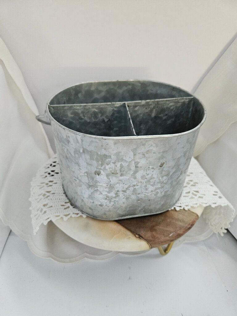 Galvanized Metal Tin Storage Caddy Wood Handle 3 Compartments Farmhouse Country label