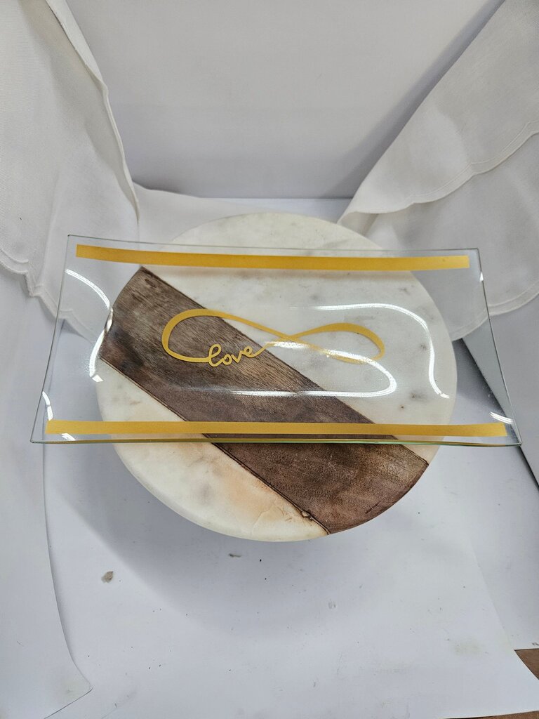 Glass Love Infinity Tray Clear Glass with Gold Writing label