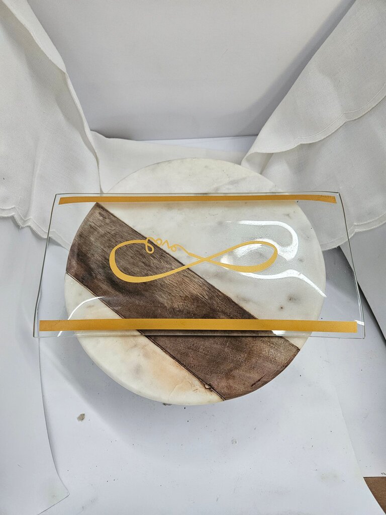 Glass Love Infinity Tray Clear Glass with Gold Writing label