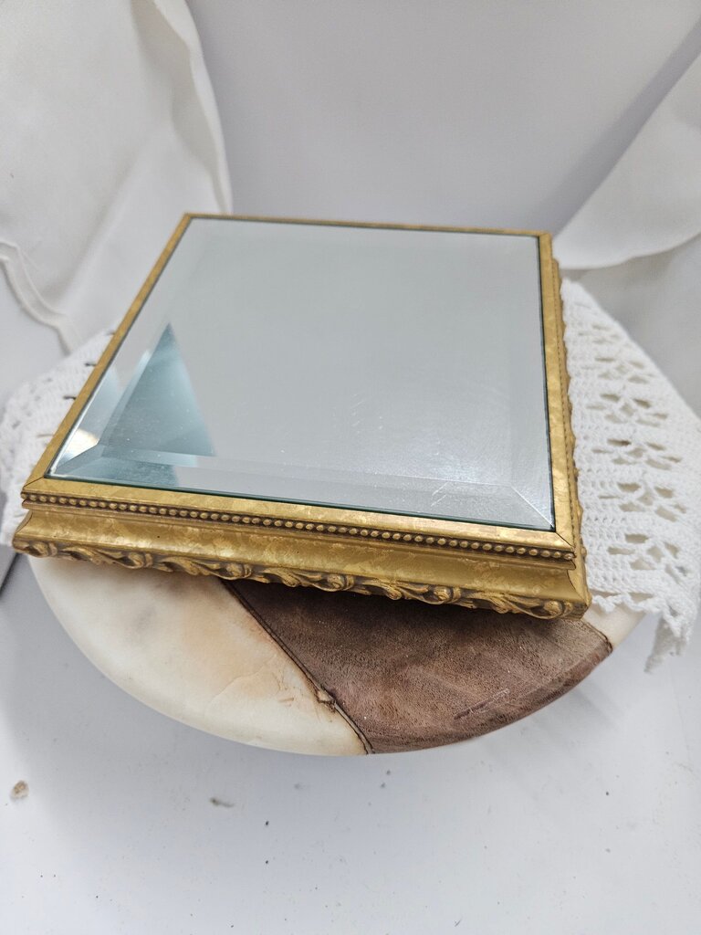 Antique Hollywood Regency Gold Gilded Framed Mirror Riser Display Gilt Blinged Jewelry holder Label
