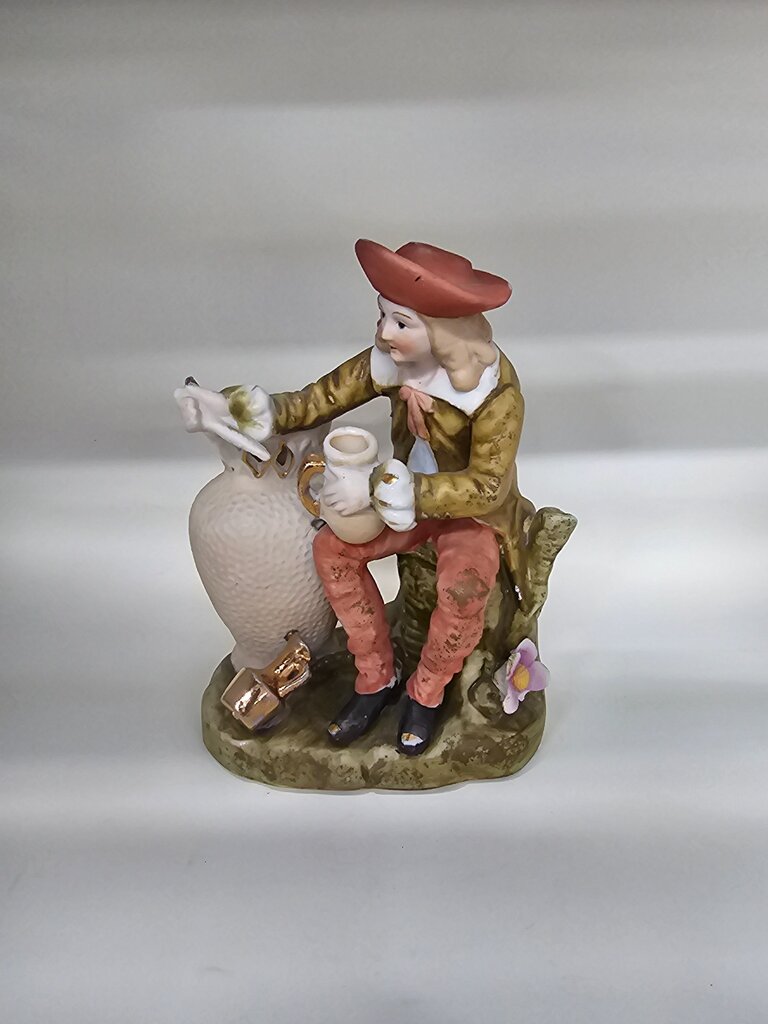 As is/Vintage Porcelain Figurine Of A Sitting Young Man w/Water Jug-Spill Vase label