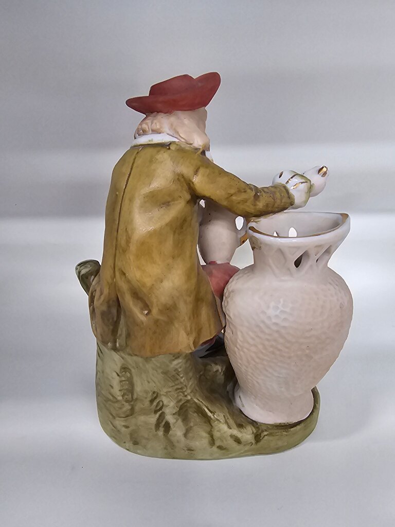 As is/Vintage Porcelain Figurine Of A Sitting Young Man w/Water Jug-Spill Vase label