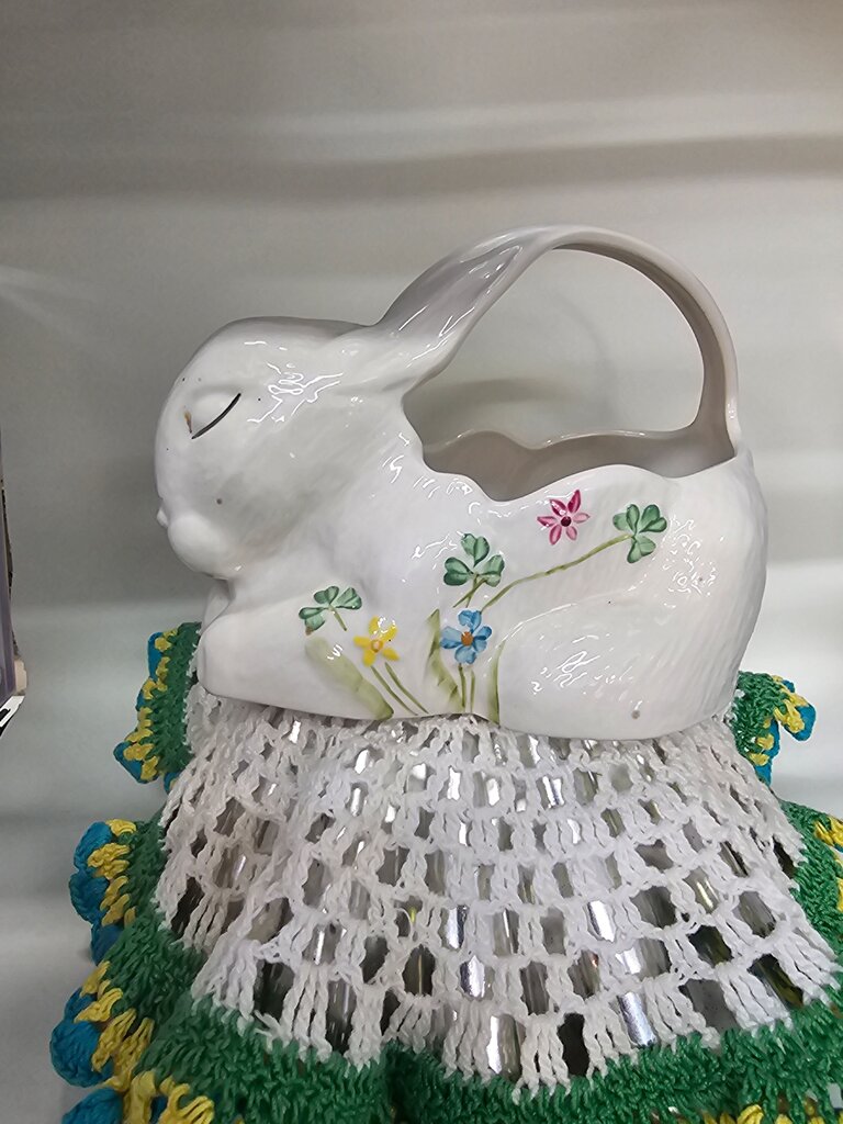 Vintage Belleek Ireland Hand Painted Bunny Rabbit Shaped And Floral Clover Design Ceramic Basket - Bunny Design Basket planter label
