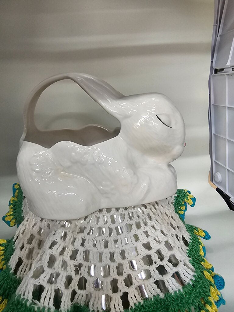 Vintage Belleek Ireland Hand Painted Bunny Rabbit Shaped And Floral Clover Design Ceramic Basket - Bunny Design Basket planter label