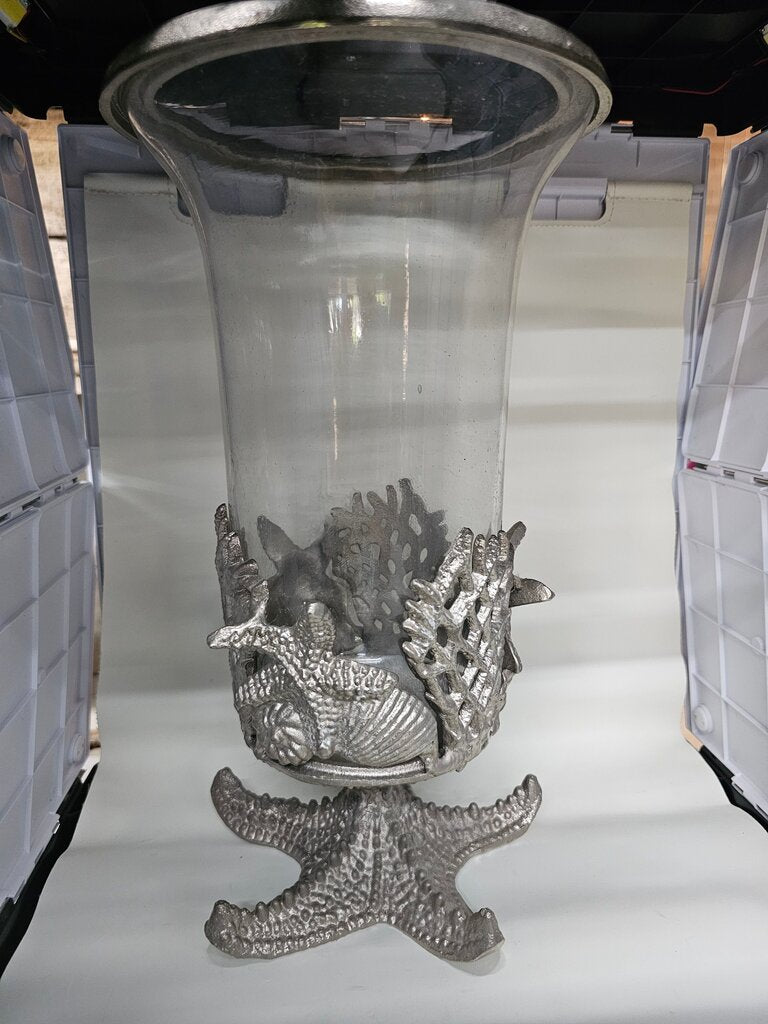 Extra Large Coastal Decorative Glass Lantern for candles/vase with Starfish metal Base label