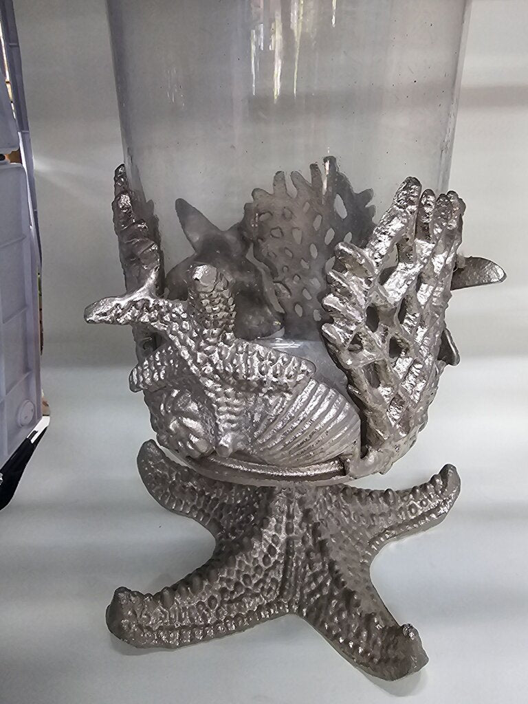 Extra Large Coastal Decorative Glass Lantern for candles/vase with Starfish metal Base label