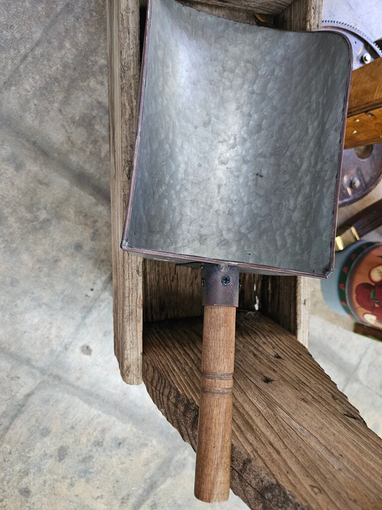 Primitive Style Galvanized Metal Scoop with Wooden Handle label