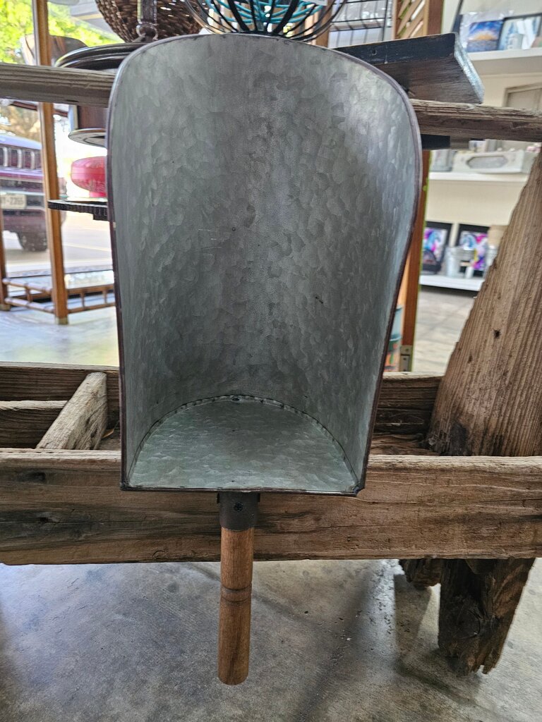 Primitive Style Galvanized Metal Scoop with Wooden Handle label