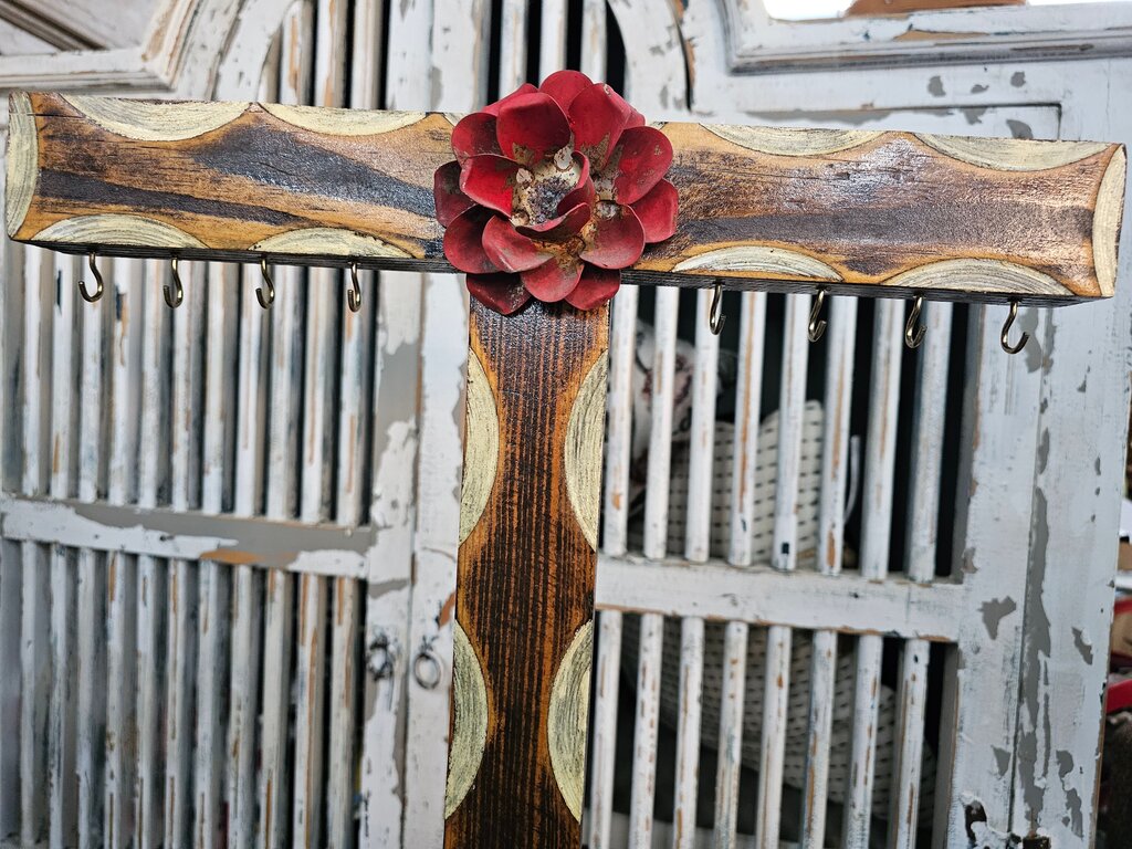 Rustic Wooden Jewelry Hook Decor with Flower Accent label