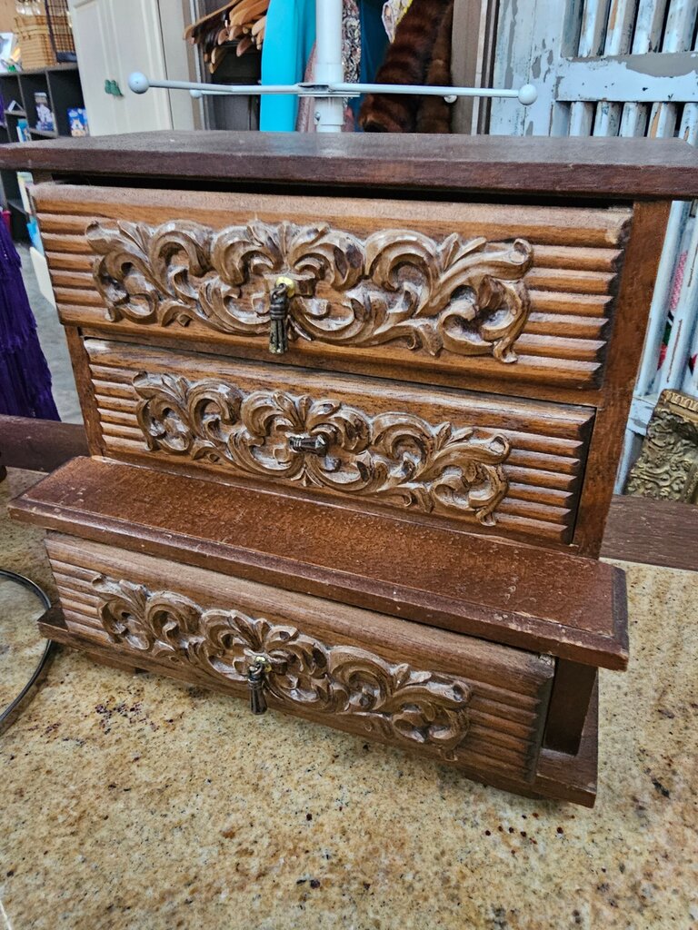 Vintage Wooden Jewelry Box with Intricate Carvings As is label