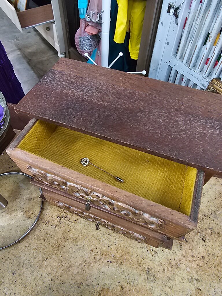 Vintage Wooden Jewelry Box with Intricate Carvings As is label