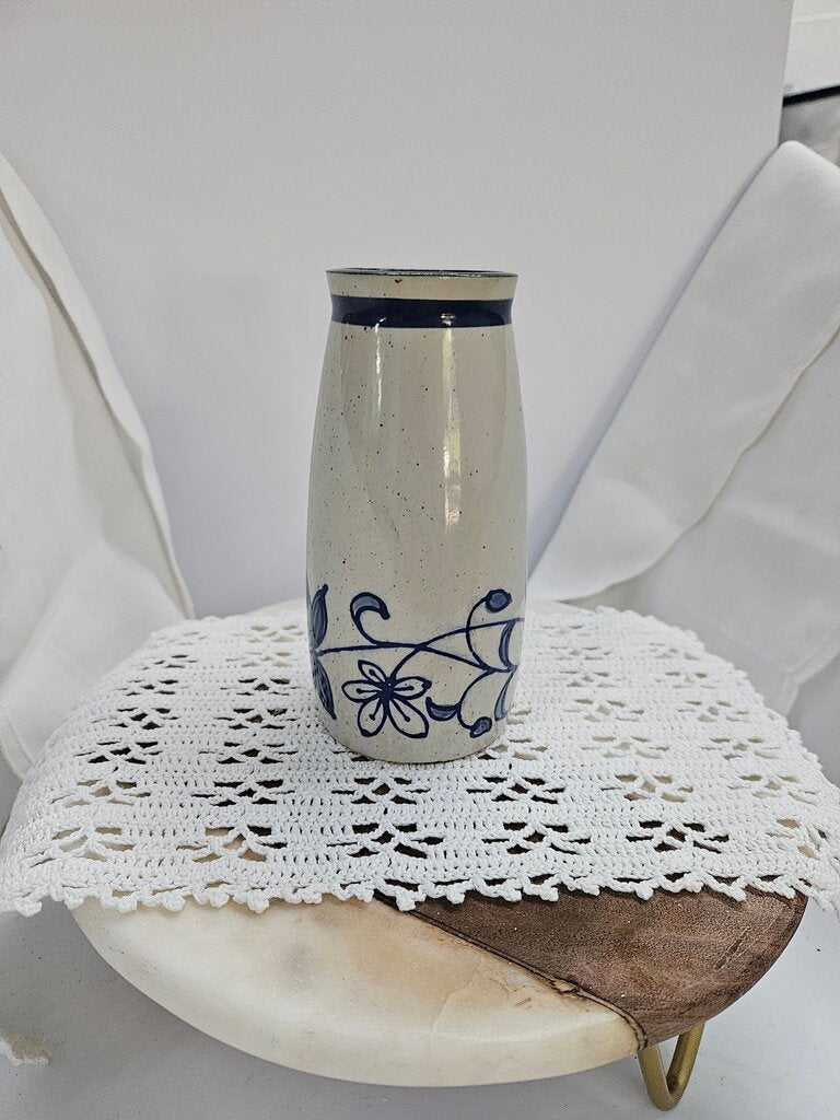 Handcrafted Vintage Ceramic Vase with Floral Design Blue and white label