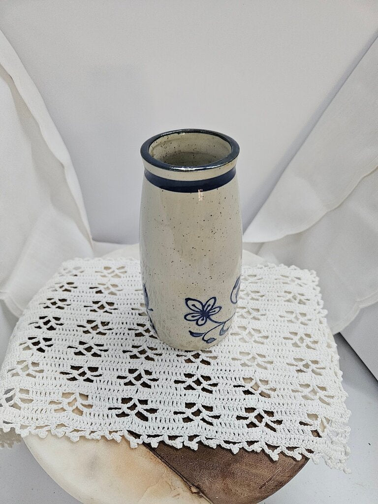 Handcrafted Vintage Ceramic Vase with Floral Design Blue and white label