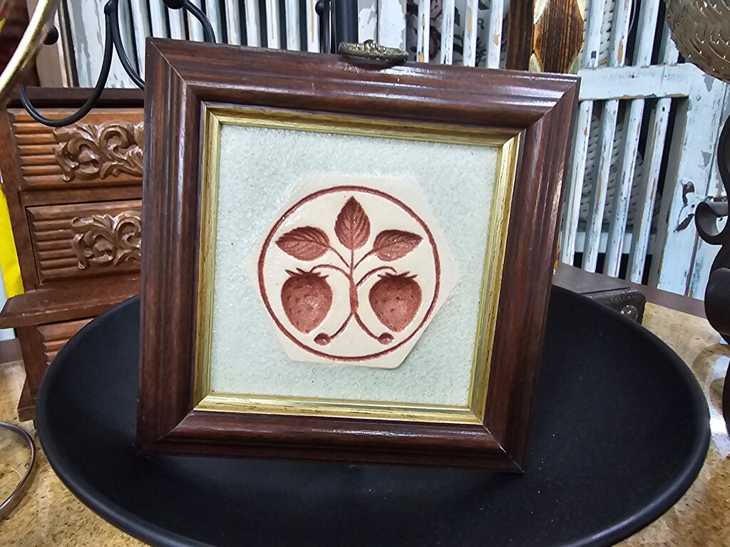 Pair of Vintage Old Buttermould Pattern Products Framed Sandcast wall hanging Acorns and strawberries label