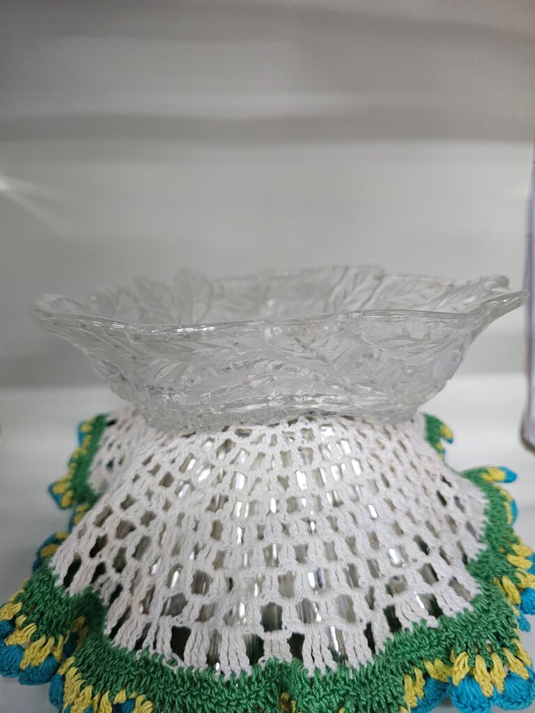 Vintage Glass Dish with Leaf Design label